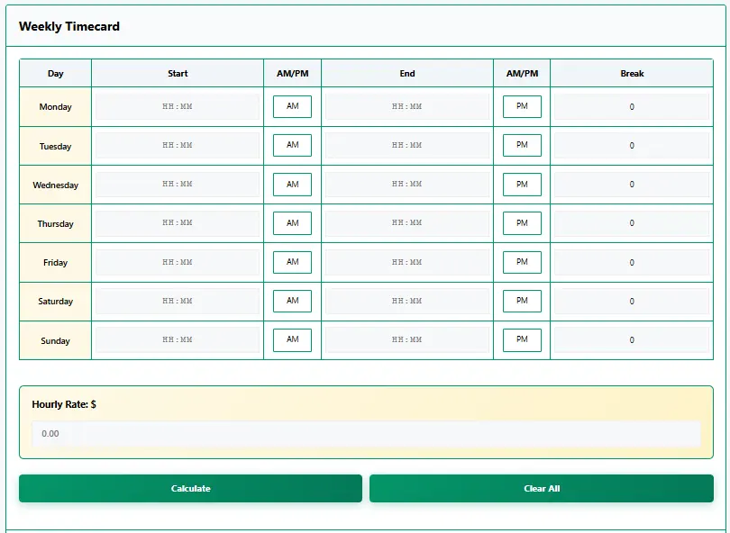 Work hours calculator showing weekly timesheet with breaks, overtime, and payroll calculation free online tool
